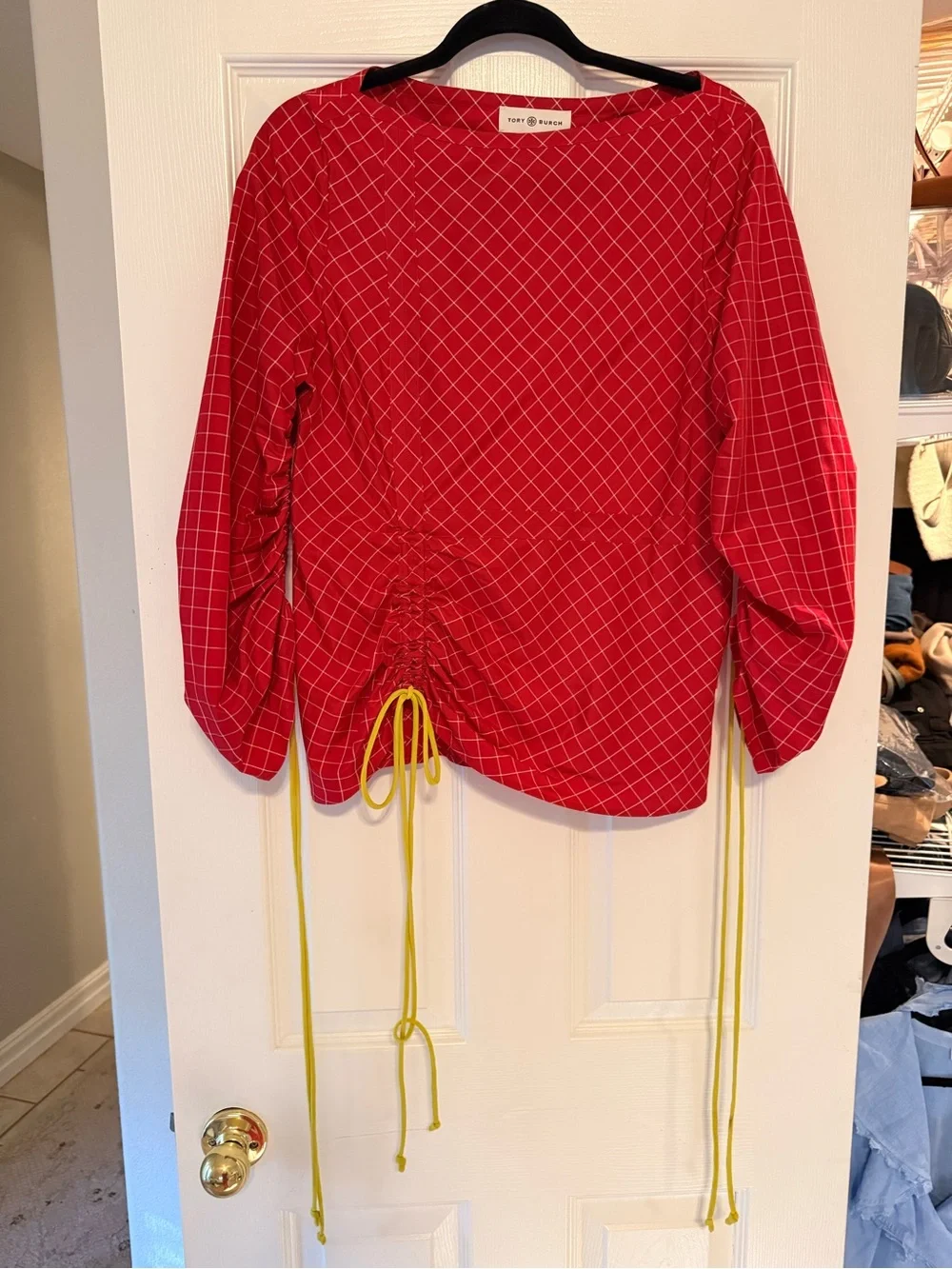 Tory Burch 100% Silk Red Windowpane Ruched Drawstring Blouse Size 4 long sleeve